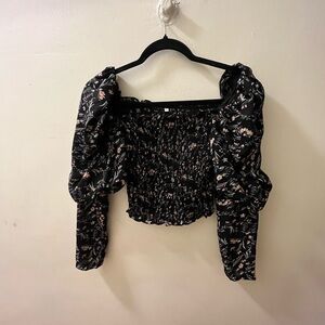 Black Floral Smocked Blouse